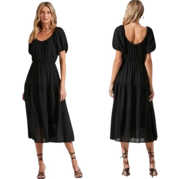 Astr Dresses & Skirts - ASTR The Label Black Smocked Tiered Midi Dress Womens Small Puff Sleeve Cocktail